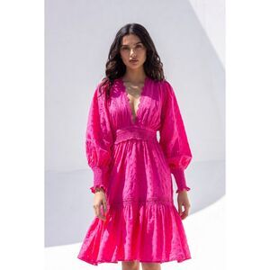 AQUA Pink Midi Dress Size S Ruffle Hem Lined  Long Sleeve V Neck Cotton Lined